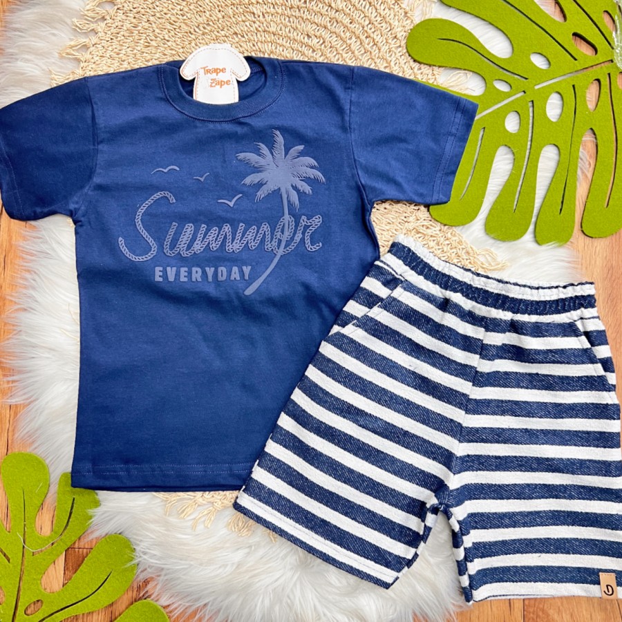 Conj. Camiseta Summer Everyday e Bermuda Listrada - Marinho